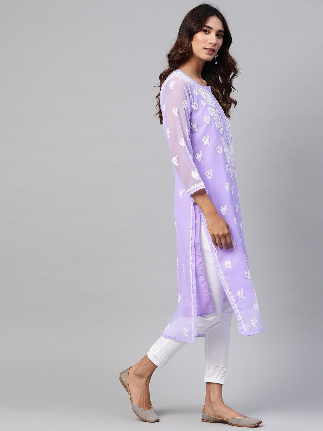 Ada Hand Embroidered Mauve Georgette Lucknowi Chikankari Kurta Set With Slip A811163