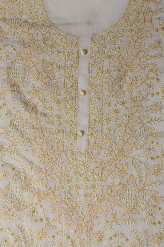 Ada Hand Embroidered Cream Georgette Lucknowi Chikan Unstitched Kurta Dupatta Set A191281