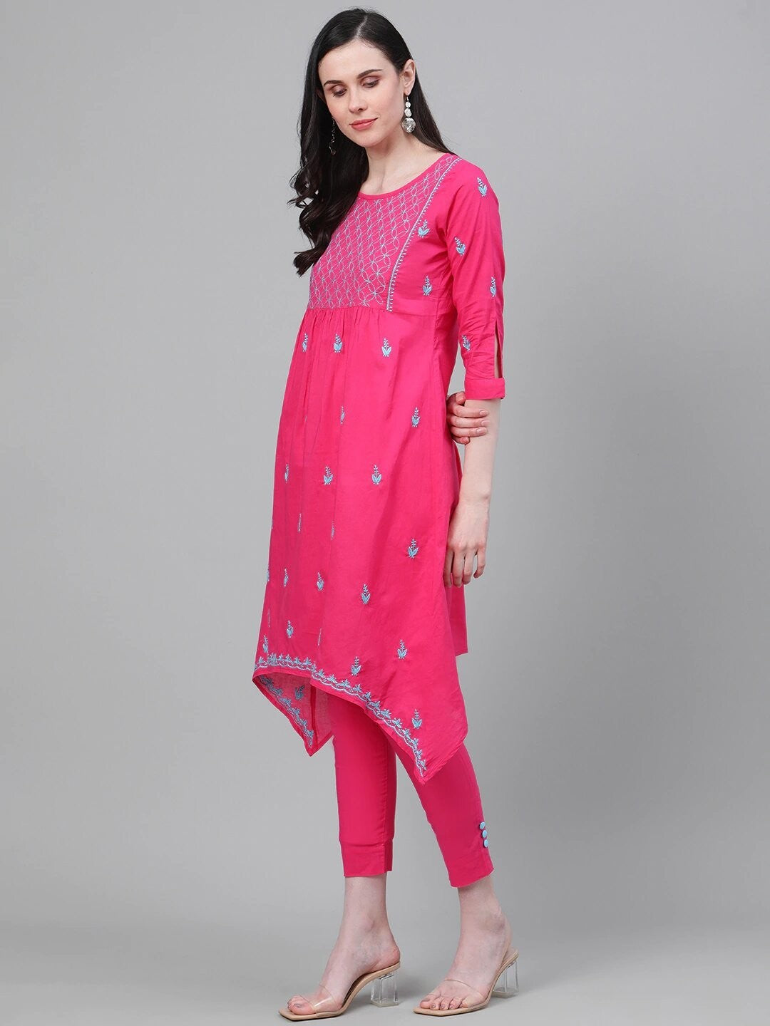 Ada Hand Embroidered Dark Pink Cotton Lucknowi Chikankari Kurta With Trouser A100336