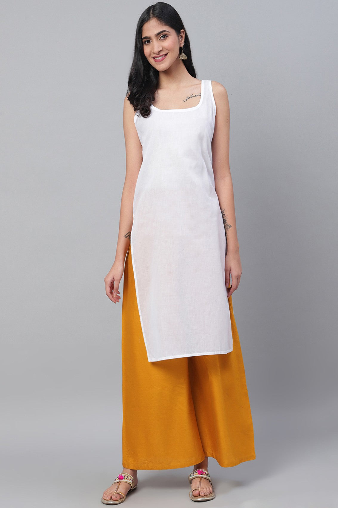 Ada Hand Embroidered White Georgette Lucknowi Chikankari Straight Kurta/Slip with Gota patti Work A411114