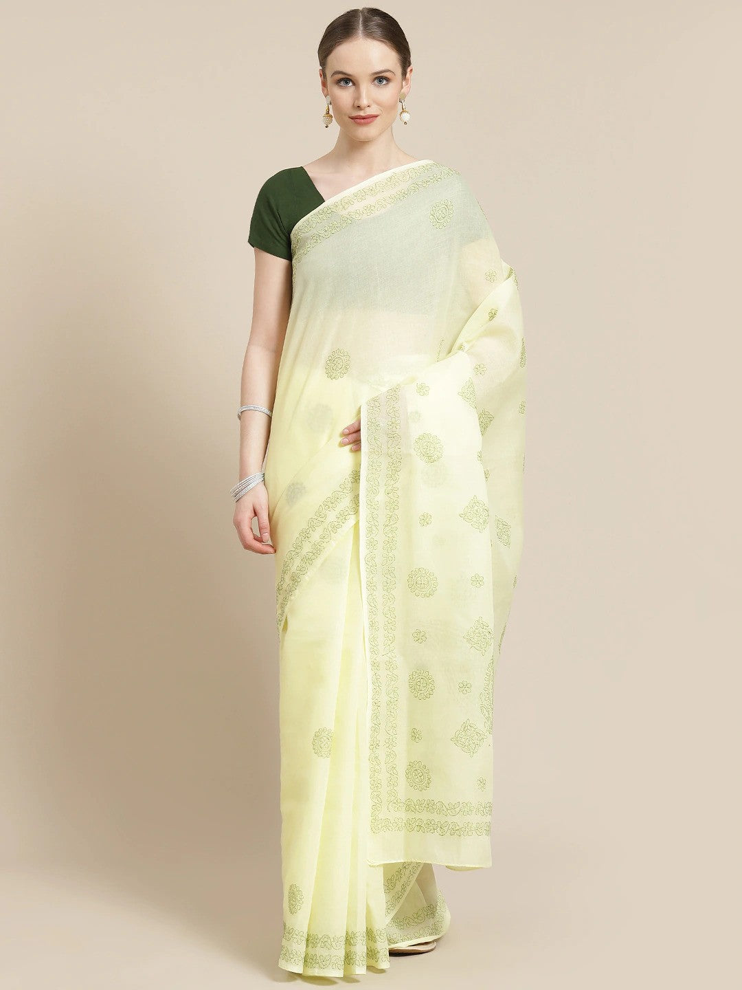 Ada Hand Embroidered Lemon Cotton Lucknow Chikan Saree With Blouse- A311233