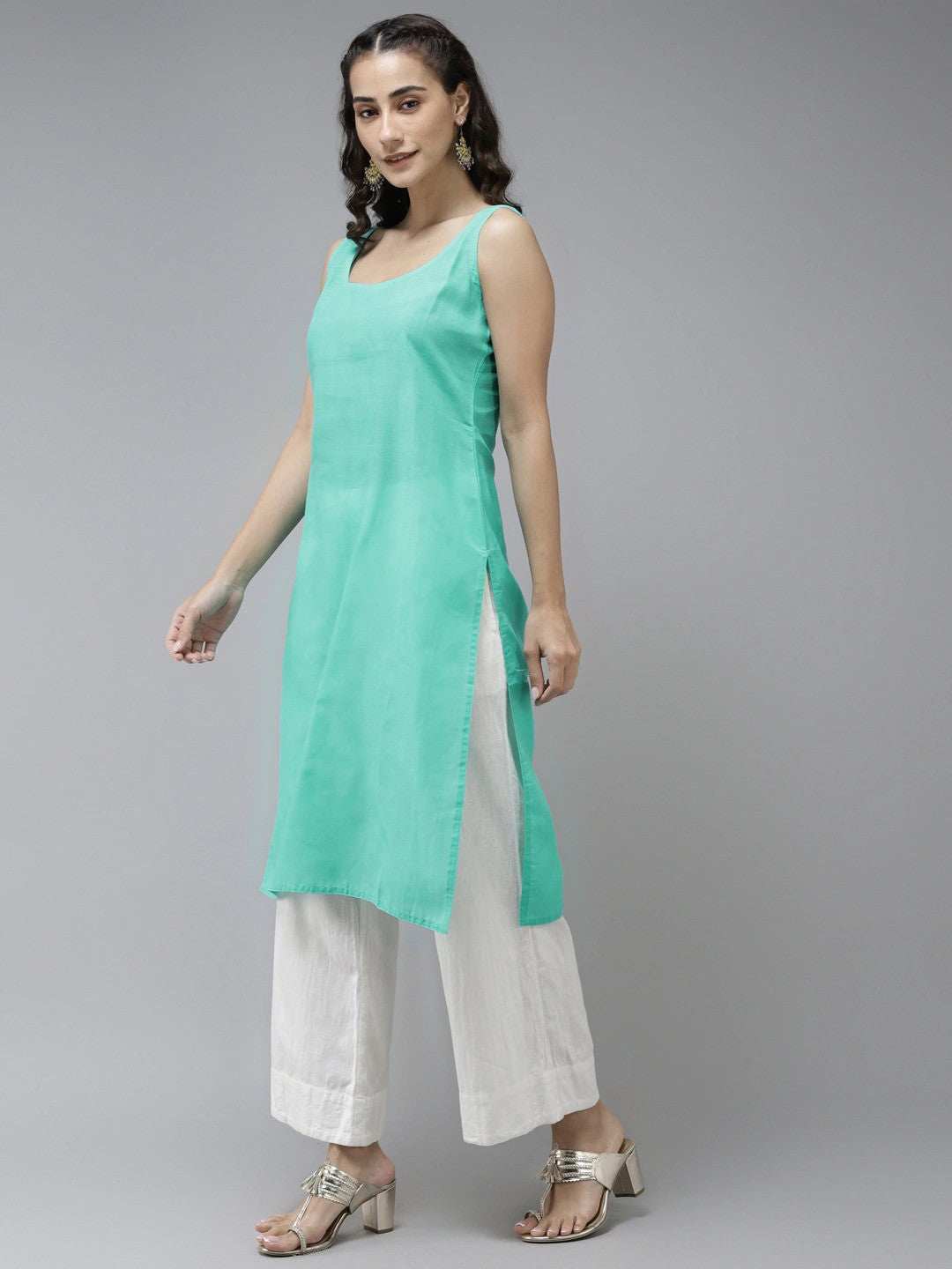 Ada Hand Embroidered Sea Green Organza Lucknowi Chikankari Straight Kurta With Slip- A411242