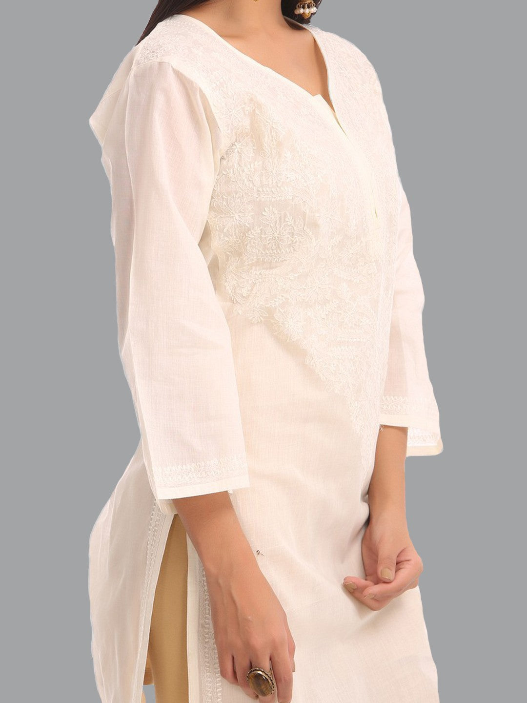 Ada Hand Embroidered Cream Cotton Lucknowi Chikan Straight  Kurta A231355