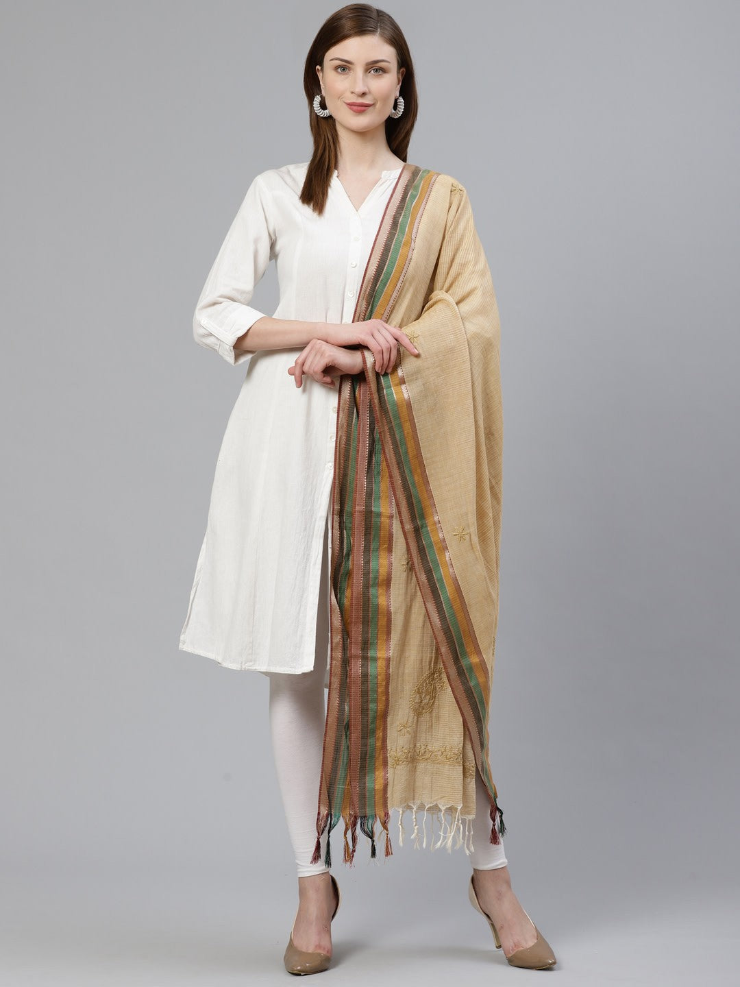 Ada Hand Embroidered Fawn Cotton Lucknow Chikan Dupatta A100446