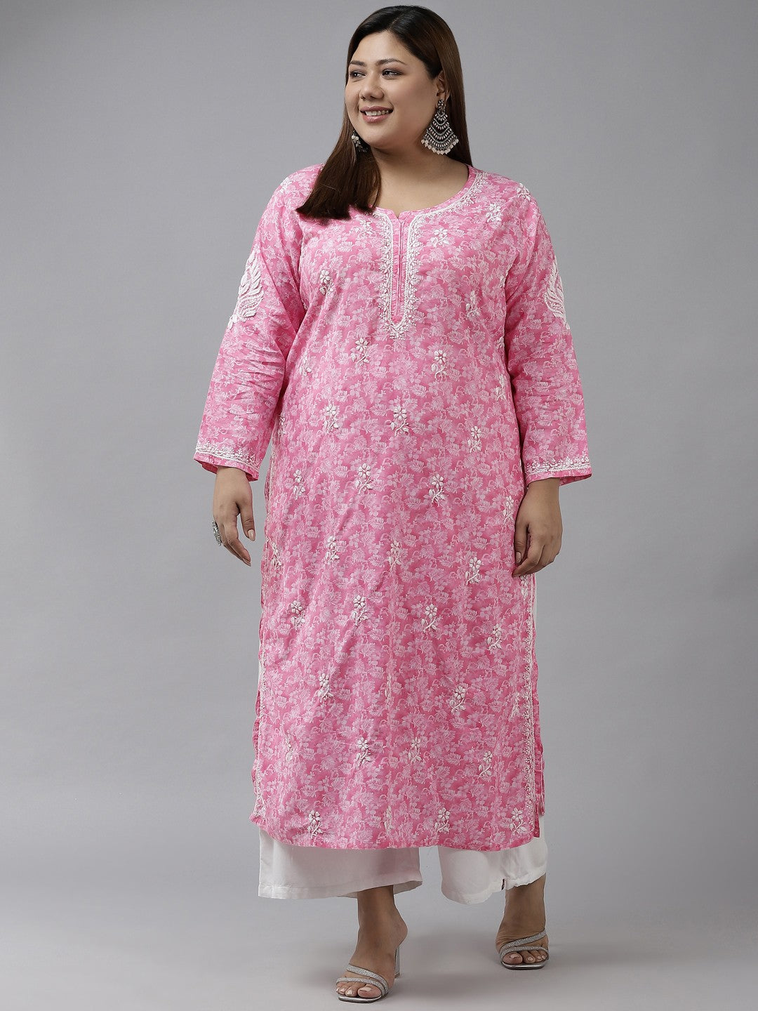Ada Hand Embroidered Pink Cotton Lucknowi Chikankari Straight Kurta A411381