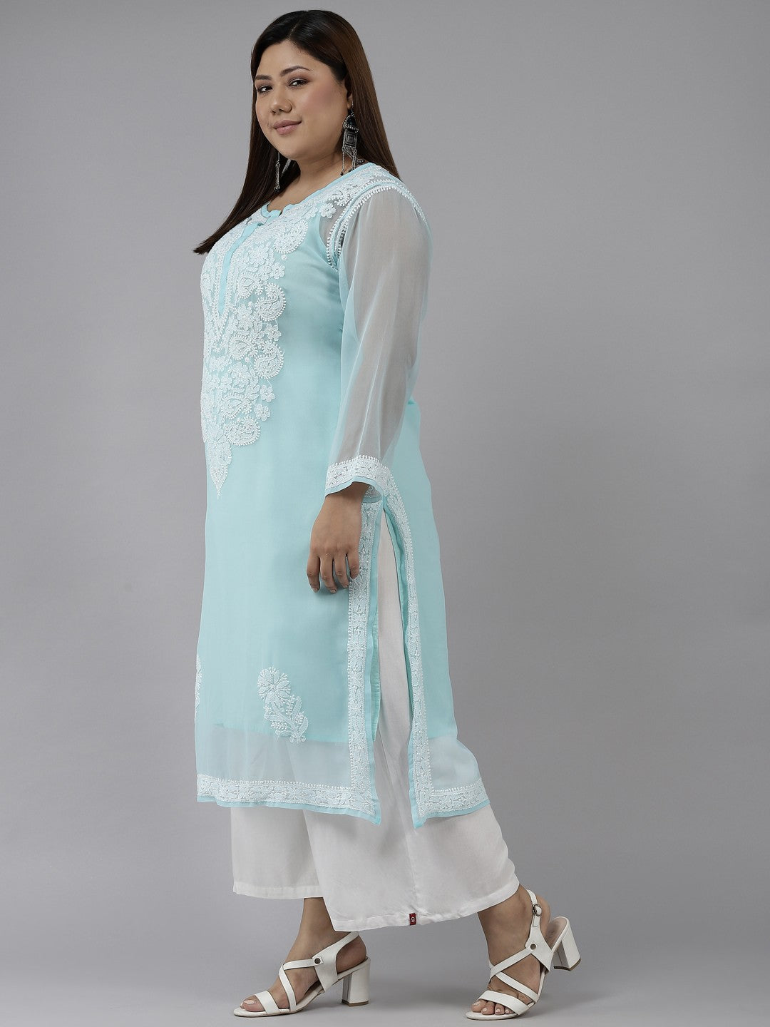 Ada Hand Embroidered Turquoise Blue Georgette Lucknow Chikan Kurta with Slip A411362