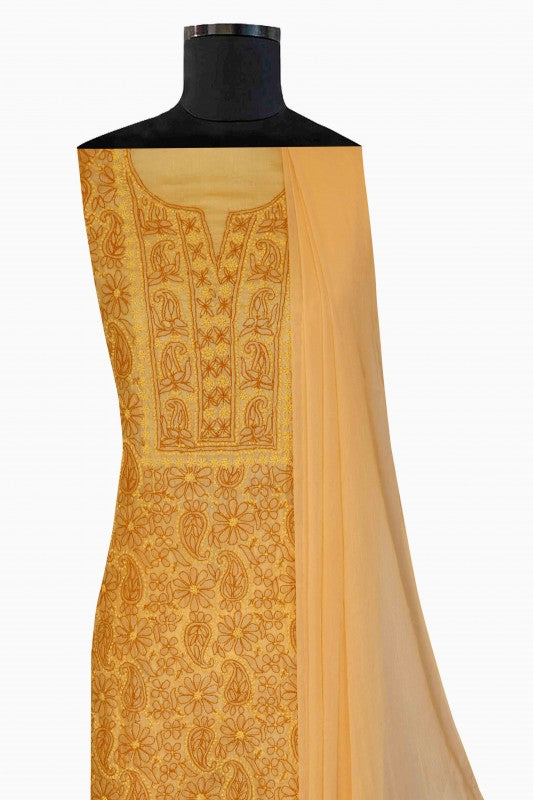 Ada Hand Embroidered Mustard Tusser Silk Lucknowi Chikan Unstitched Suit Piece-A508216