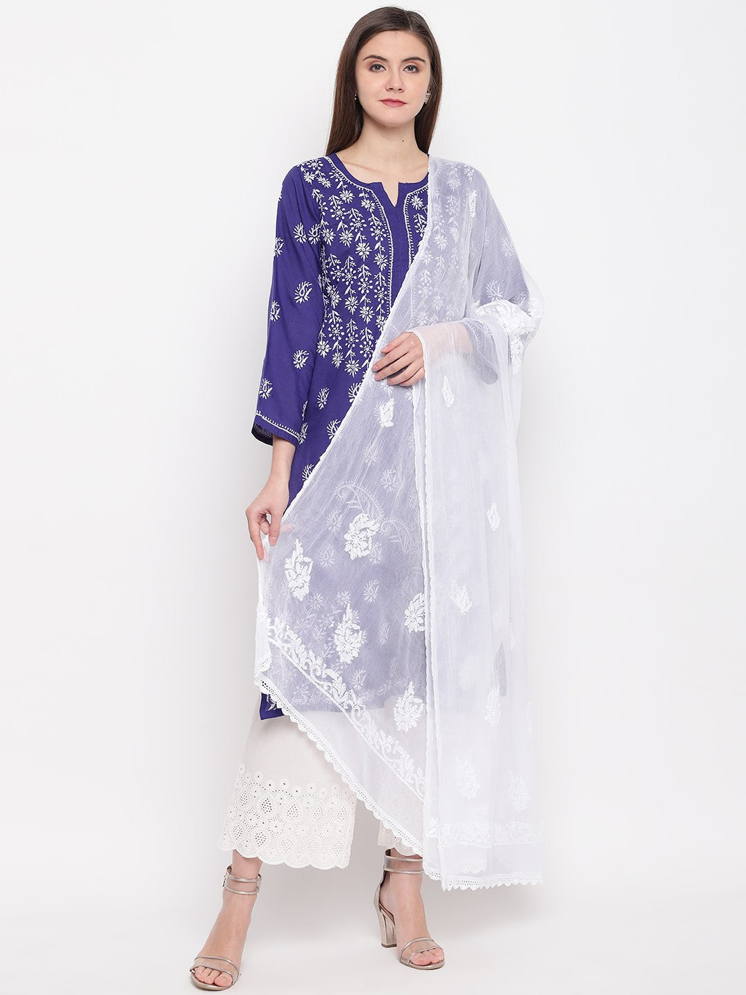Ada Hand Embroidered White Chiffon Lucknowi Chikankari Dupatta-A100269
