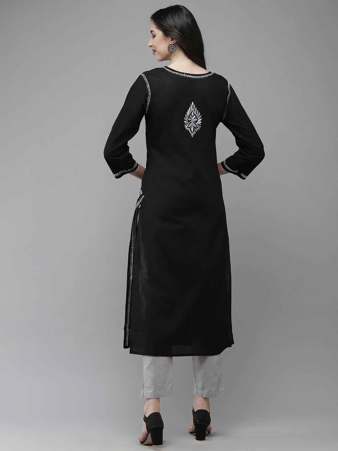 Ada Hand Embroidered Black Cotton Lucknow Chikankari Straight Kurta A411280