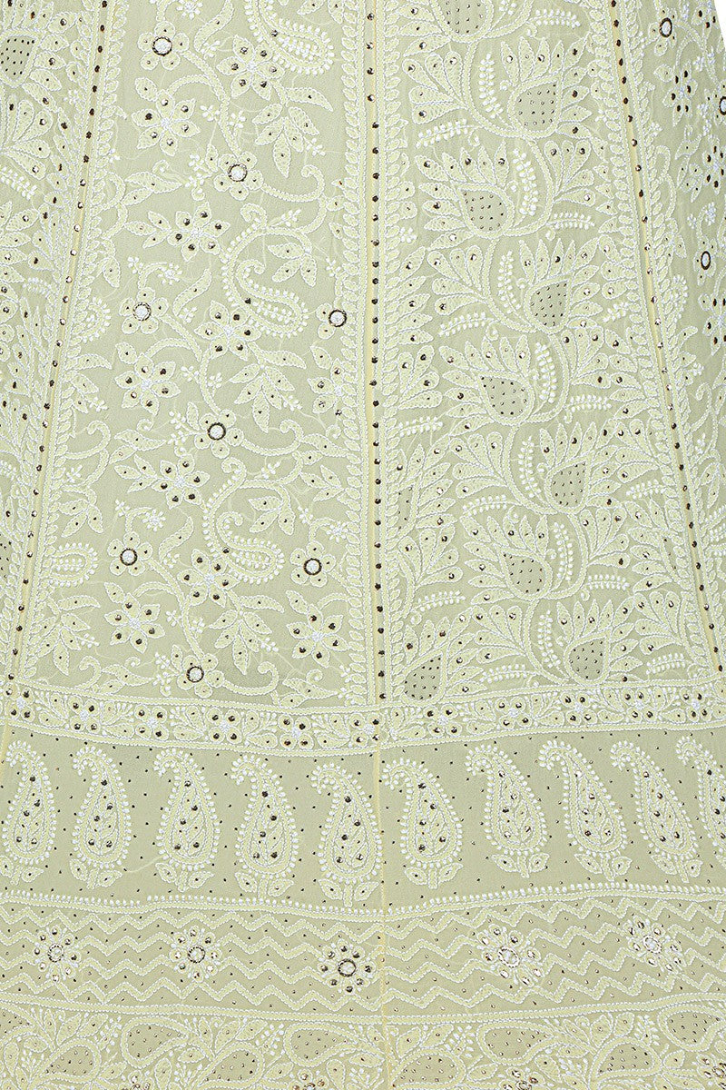 Ada Hand Embroidered Lemon Pure Georgette Lucknowi Chikankari Unstitched Lehenga Skirt (Only Skirt)With Muqaish Work- A468475