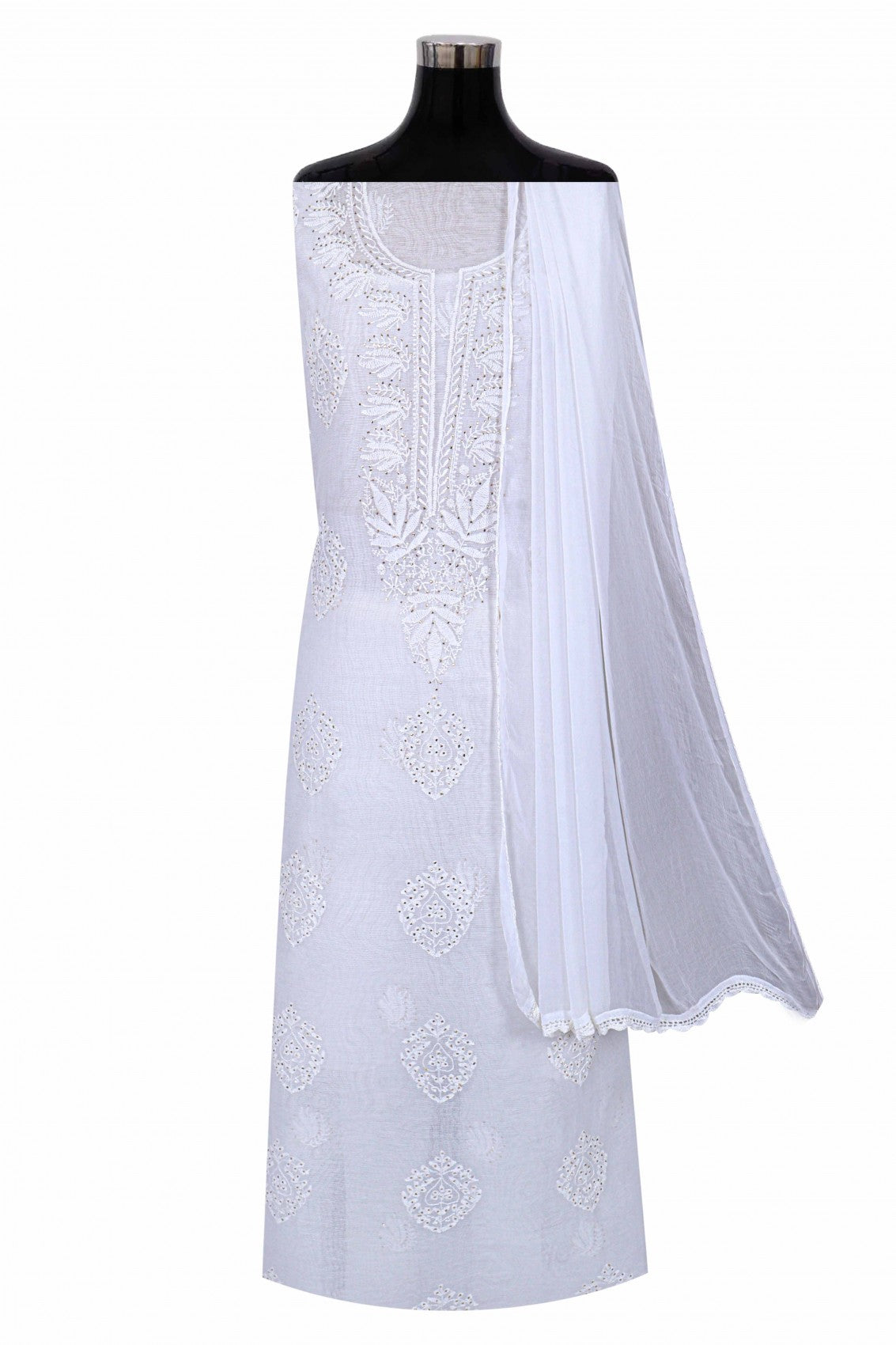 Ada Hand Embroidered White Kota Lucknowi Chikankari Unstitched Suit Piece With Muqaish Work 01A67182