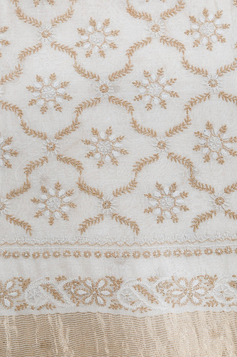 Ada Hand Embroidered Cream Chanderi Lucknowi Chikankari Saree With Blouse A606173