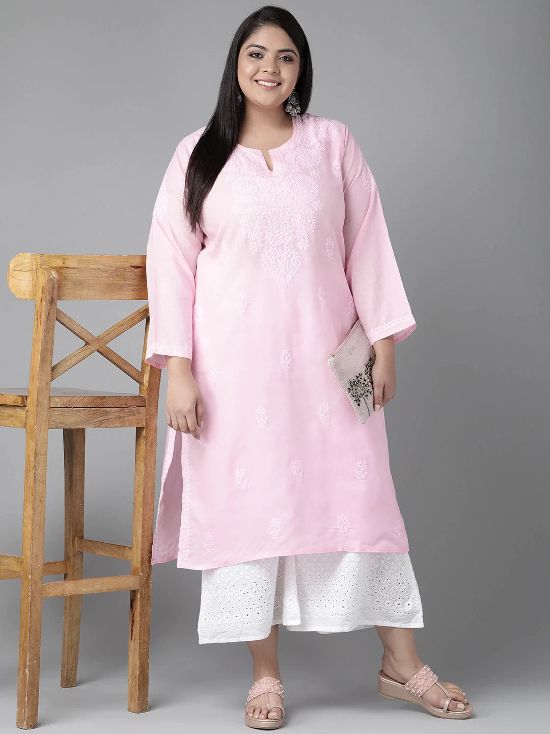 Ada Hand Embroidered Baby Pink Cotton Lucknowi Chikankari Kurta A302192