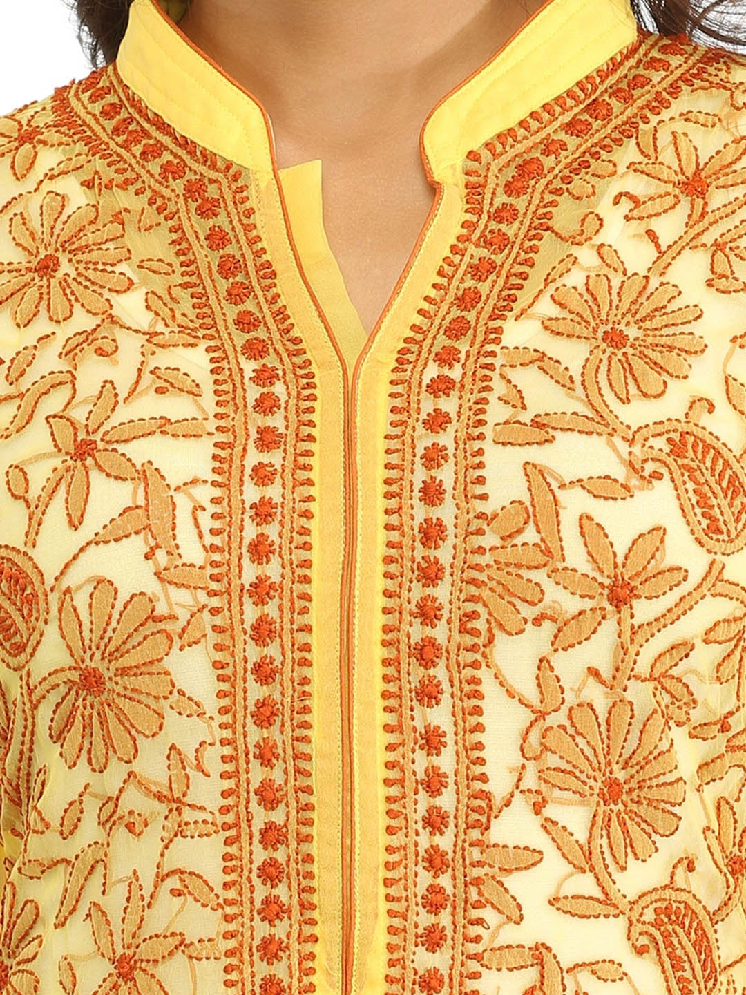 Ada Hand Embroidered Yellow Georgette Lucknowi Chikan Kurta with Slip A224022