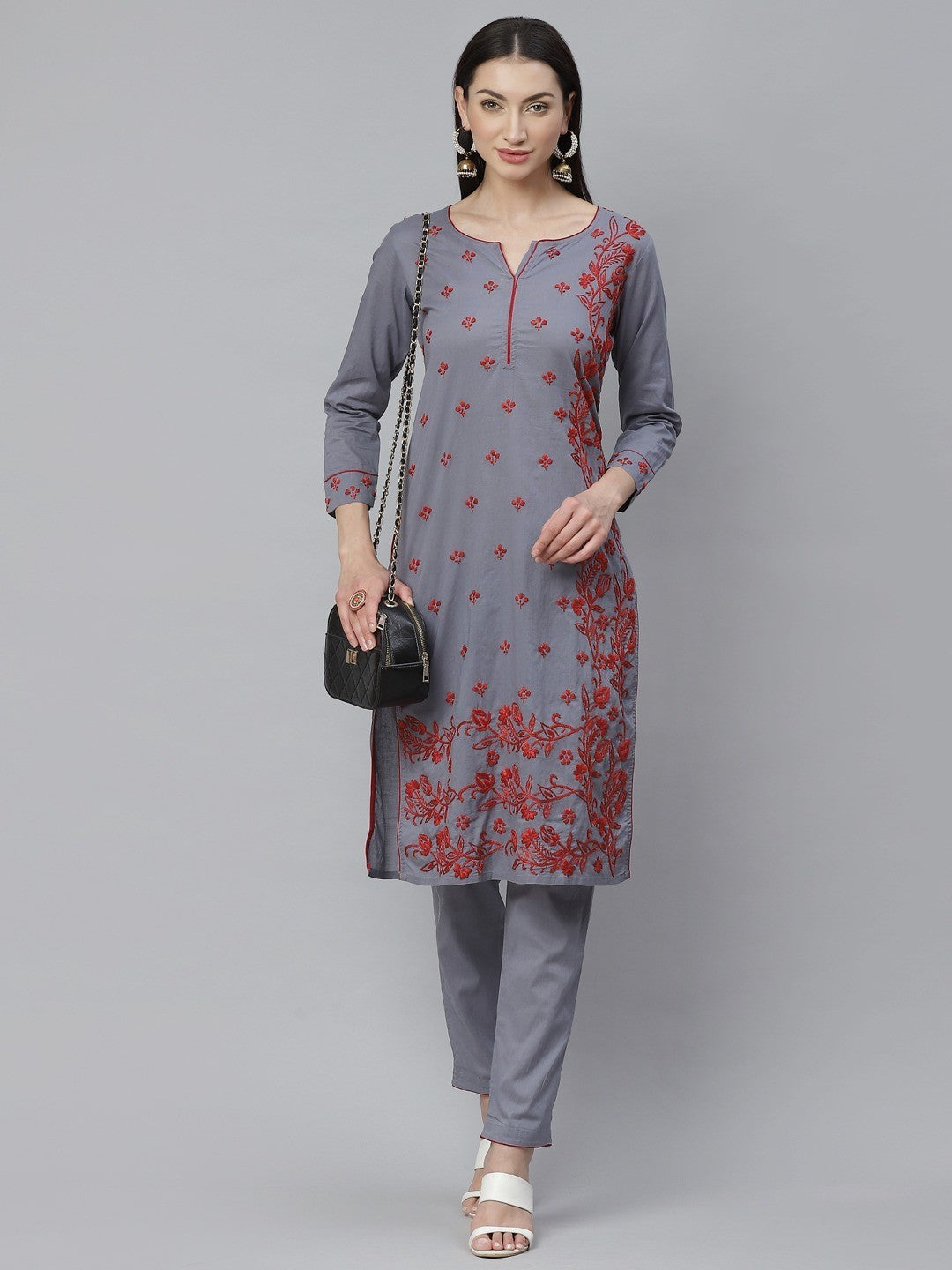 Ada Hand Embroidered Grey Cotton Lucknowi Chikankari Straight Kurta With Trouser Set A811128