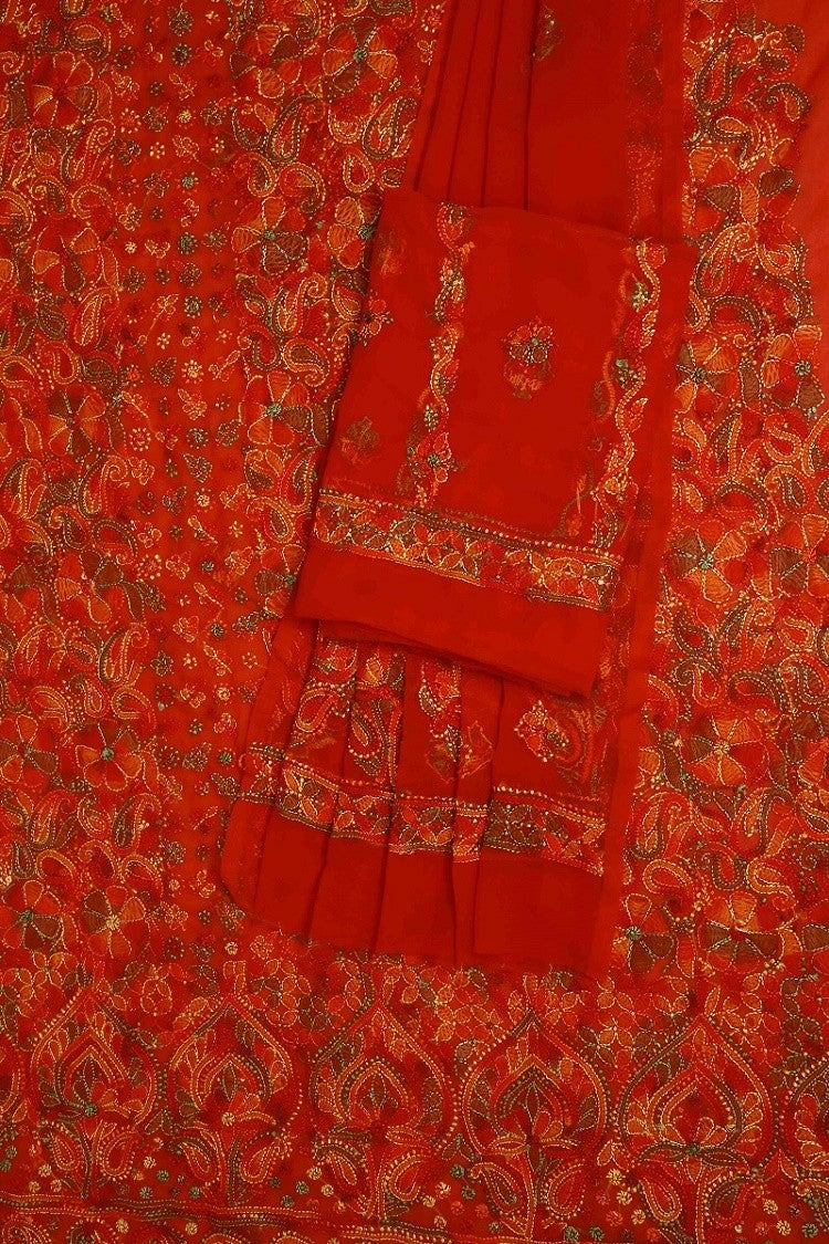 Ada Hand Embroidered Red Georgette Lucknowi Chikankari Unstitched Suit Piece A211171
