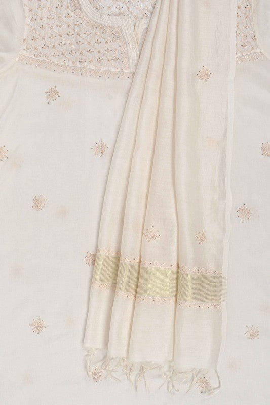 Ada Hand Embroidered Cream Chanderi Lucknowi Chikankari Semi-Stitched Anarkali Kurta Dupatta Set With Muqaish Work A623444