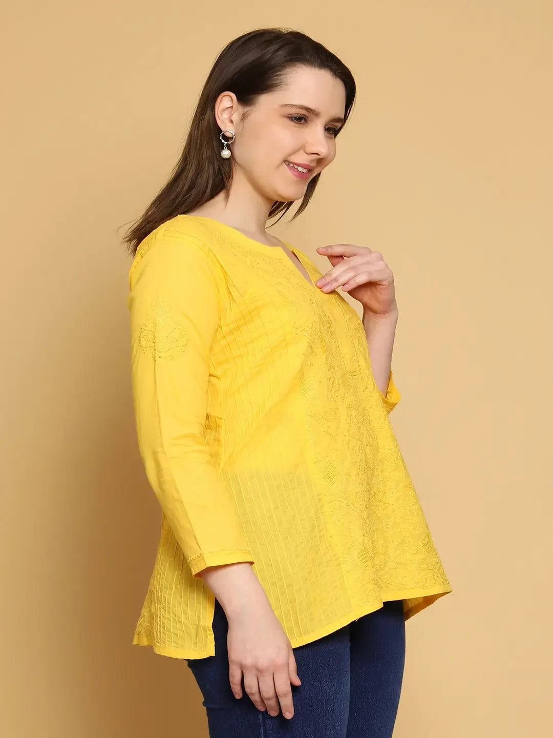Ada Hand Embroidered Yellow Cotton Lucknowi Chikankari Straight Kurti A911309