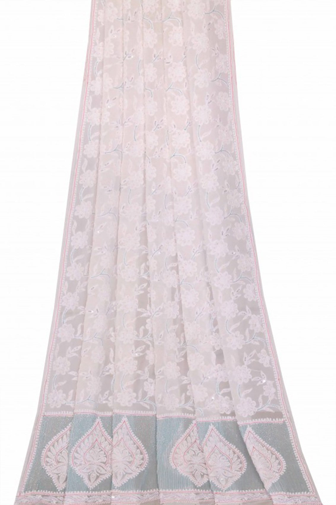 Ada Hand Embroidered White Georgette Lucknowi Chikankari Dupatta With Sequinned Work 01A6380