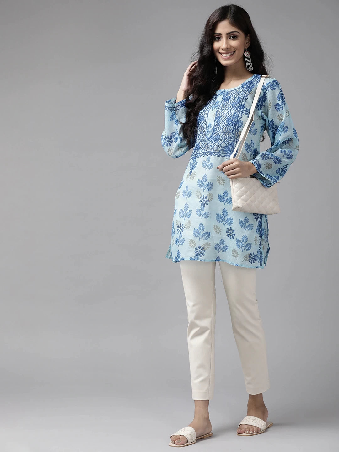 ADA Hand Embroidered Blue Kota Lucknowi Chikankari Kurti A911144