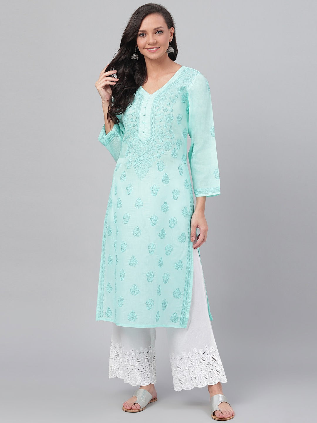 Ada Hand Embroidered Sea Green Cotton Lucknowi Chikankari Straight Kurta A238249