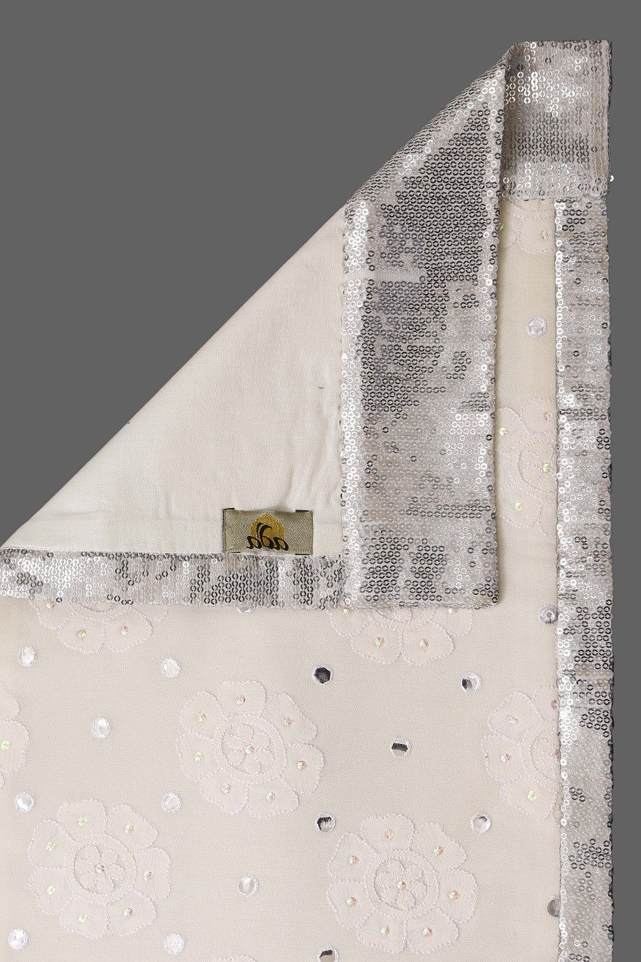 Ada Hand Embroidered White Pure Georgette Lucknowi Chikankari Table Runner With Mirror Work 01A15266