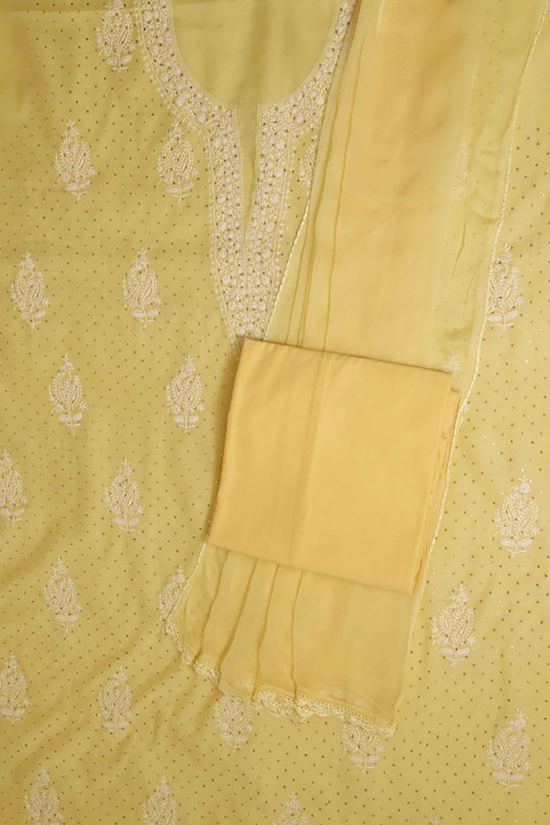 Ada Hand Embroidered Lemon Chanderi Lucknowi Chikankari Unstitched Suit Piece With Muqaish Work 01A86279