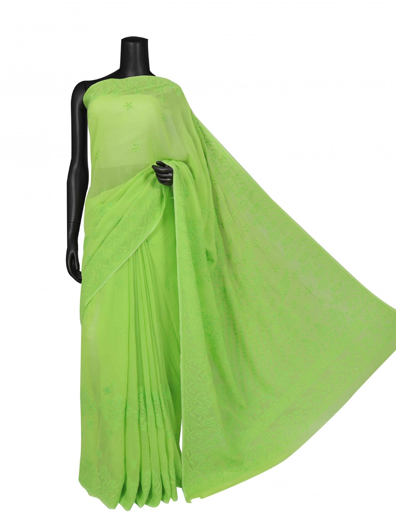 Ada Hand Embroidered Chartreuse Green Georgette Lucknowi Chikankari Saree with Blouse 01A131009