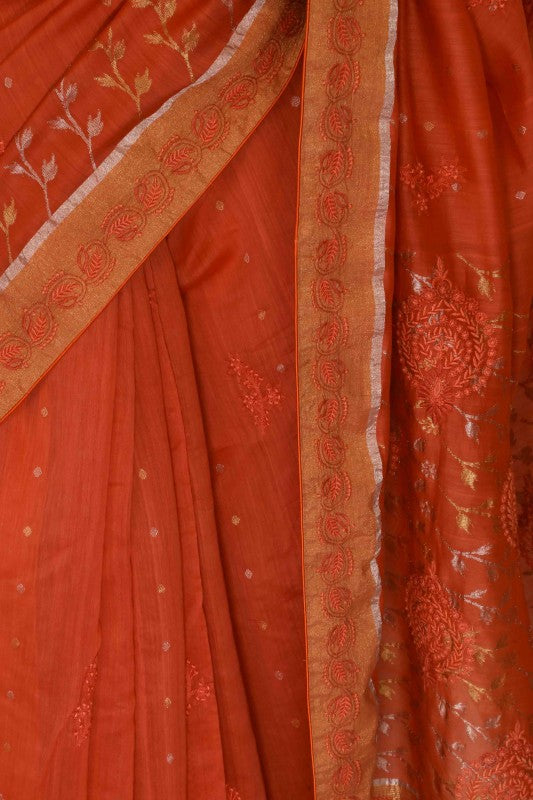 Ada Hand Embroidered Rust Chanderi Lucknowi Chikankari Saree With Blouse A291932