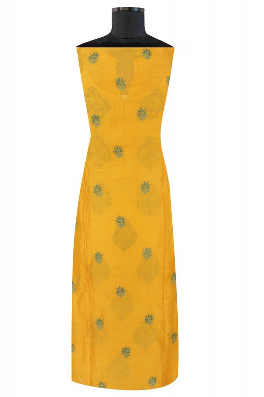 Ada Hand Embroidered Bright Yellow Chanderi Lucknowi Chikankari Unstitched Kurta Dupatta Set A320092