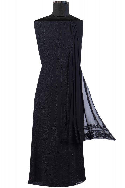 Ada Hand Embroidered Black Georgette Lucknowi Chikan Semi-Stitched Anarkali Kurta Dupatta Set A517238