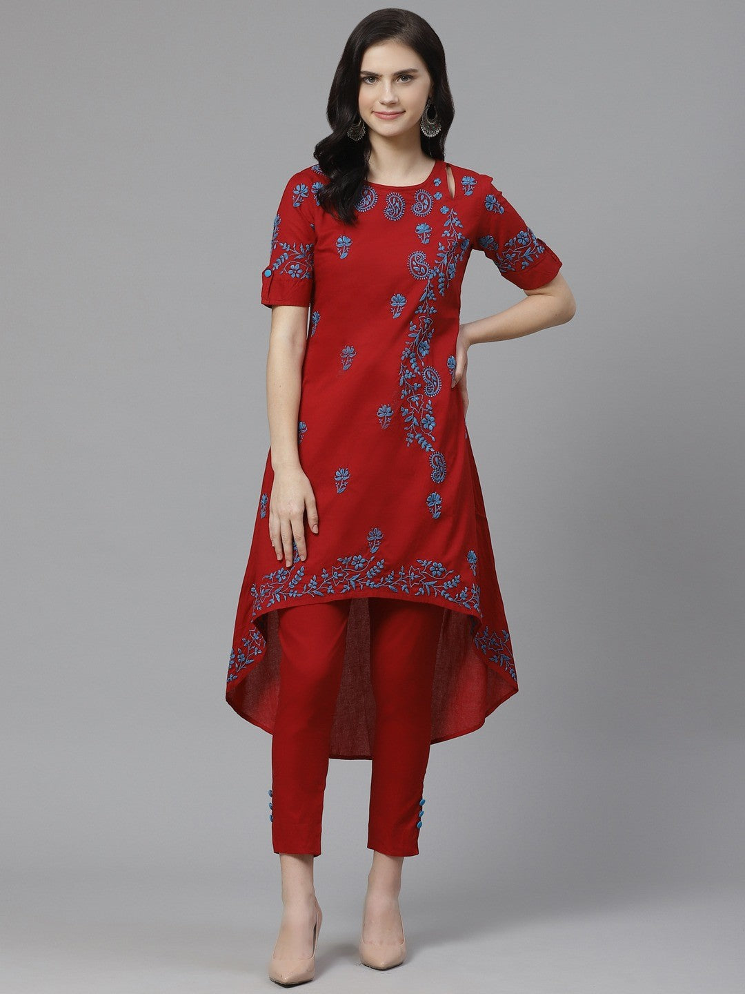 Ada Hand Embroidered Maroon Cotton Lucknowi Chikankari Kurta with Trouser Set A100326