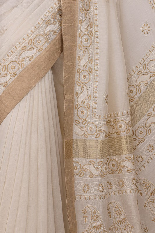 Ada Hand Embroidered Cream Chanderi Lucknowi Chikankari Saree With Blouse  A497442