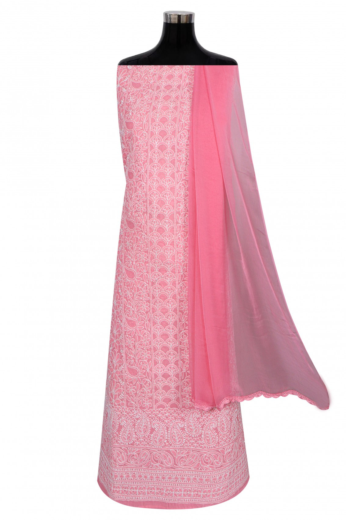 Ada Hand Embroidered Salmon Pink Cotton Lucknowi Chikankari Unstitched Suit Piece 01A279321