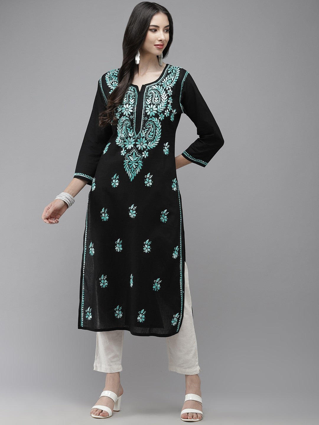 Ada Hand Embroidered Black Cotton Lucknow Chikankari Kurta A411279