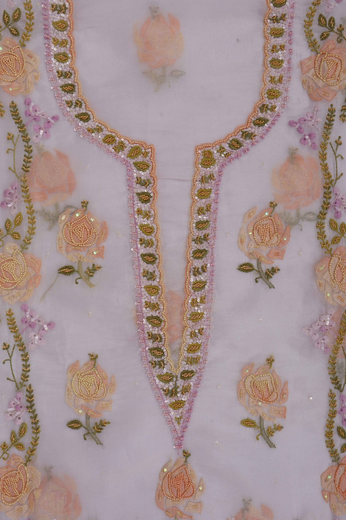 Ada Hand Embroidered Light Mauve Organza Lucknowi Chikankari Unstitched Kurta Dupatta Set With Pearl Work 01A140637
