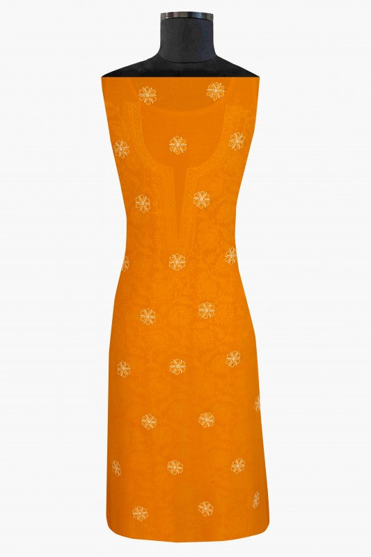Ada Hand Embroidered Turmeric Yellow Pure Georgette Lucknowi Chikan Unstitched Kurta Piece With Muqaish Work-A456855