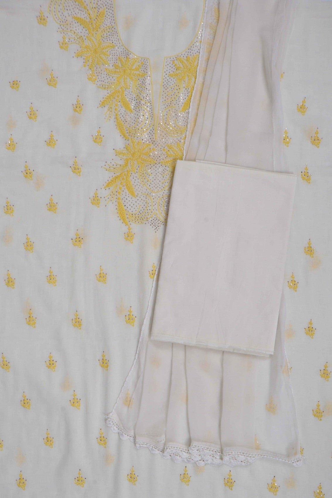 Ada Hand Embroidered White Cotton Lucknowi Chikankari Unstitched Suit Piece With Muqaish Work A588554