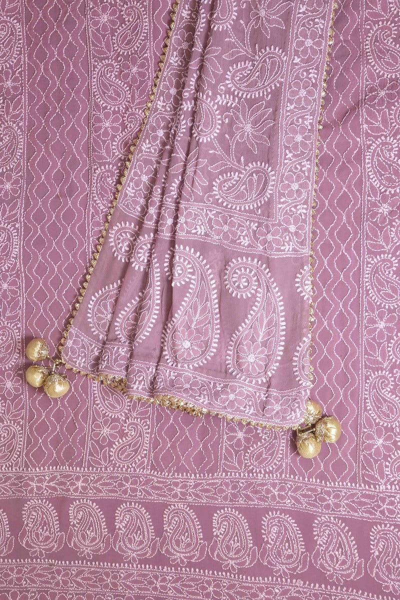 Ada Hand Embroidered Mauve Georgette Lucknowi Chikan Unstitched Kurta Dupatta Set A567447