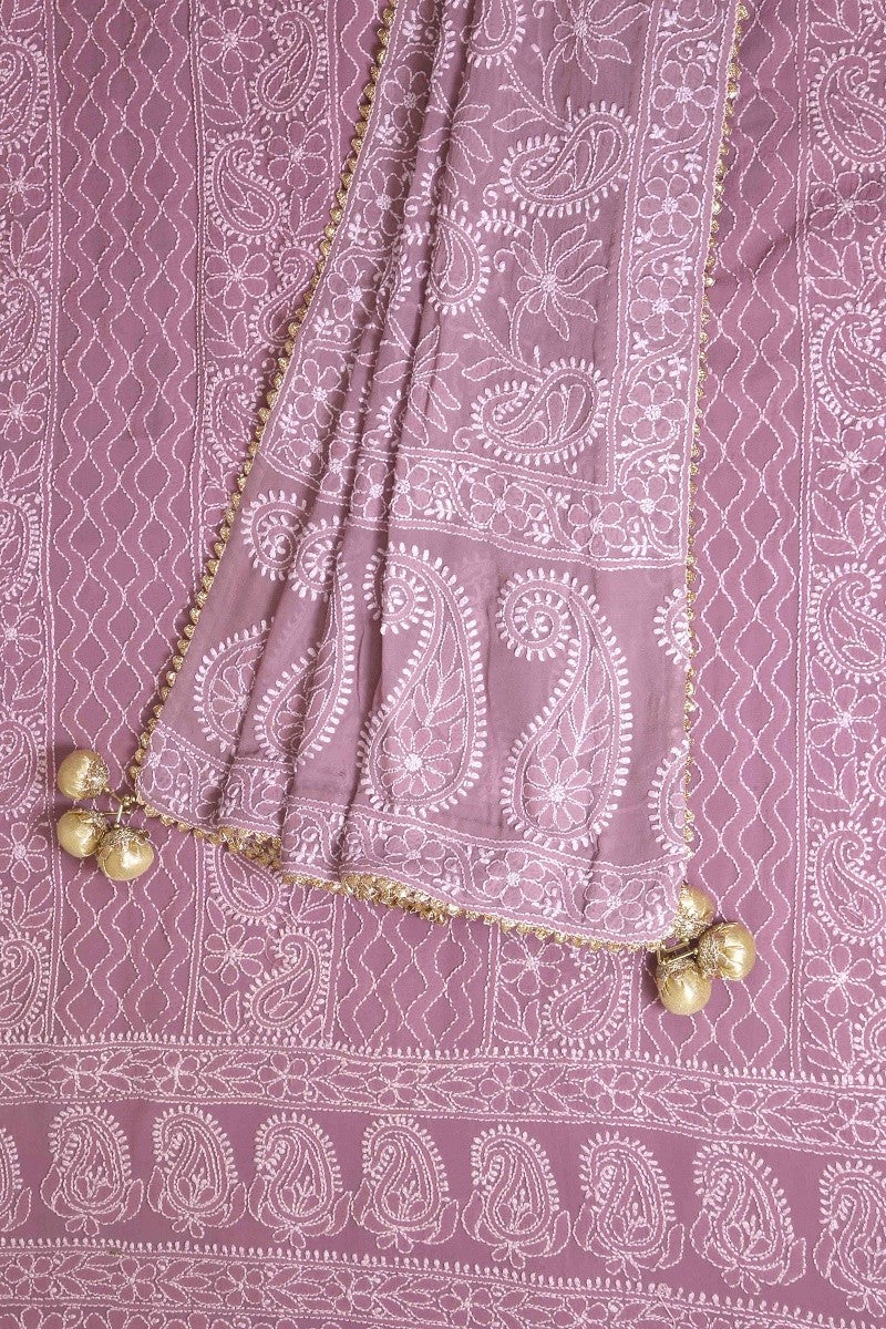 Ada Hand Embroidered Mauve Georgette Lucknowi Chikan Unstitched Kurta Dupatta Set A567447
