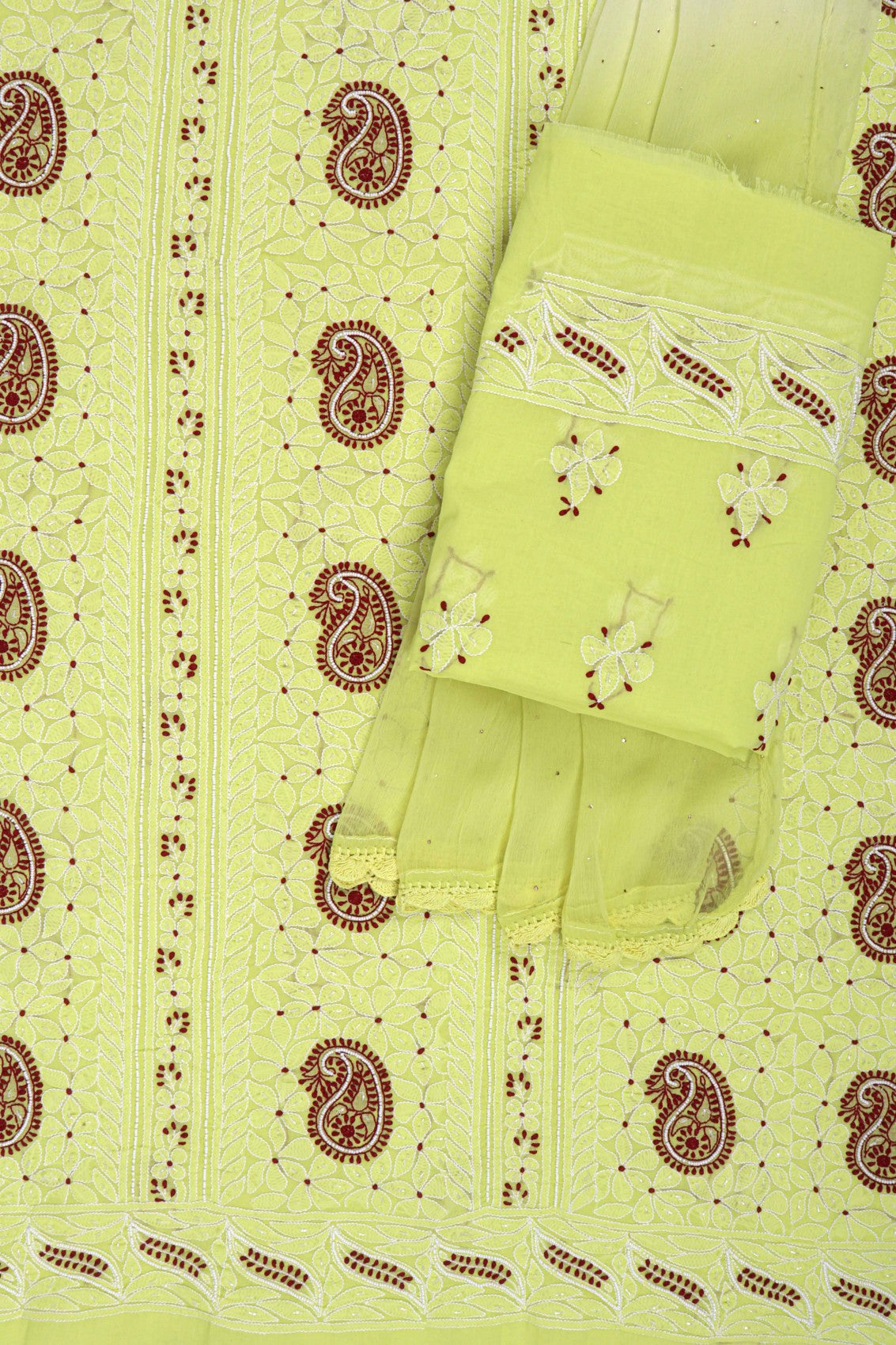 Ada Hand Embroidered Lemon Cotton Lucknowi Chikankari Unstitched Suit Piece With Pearl Work 01A148739