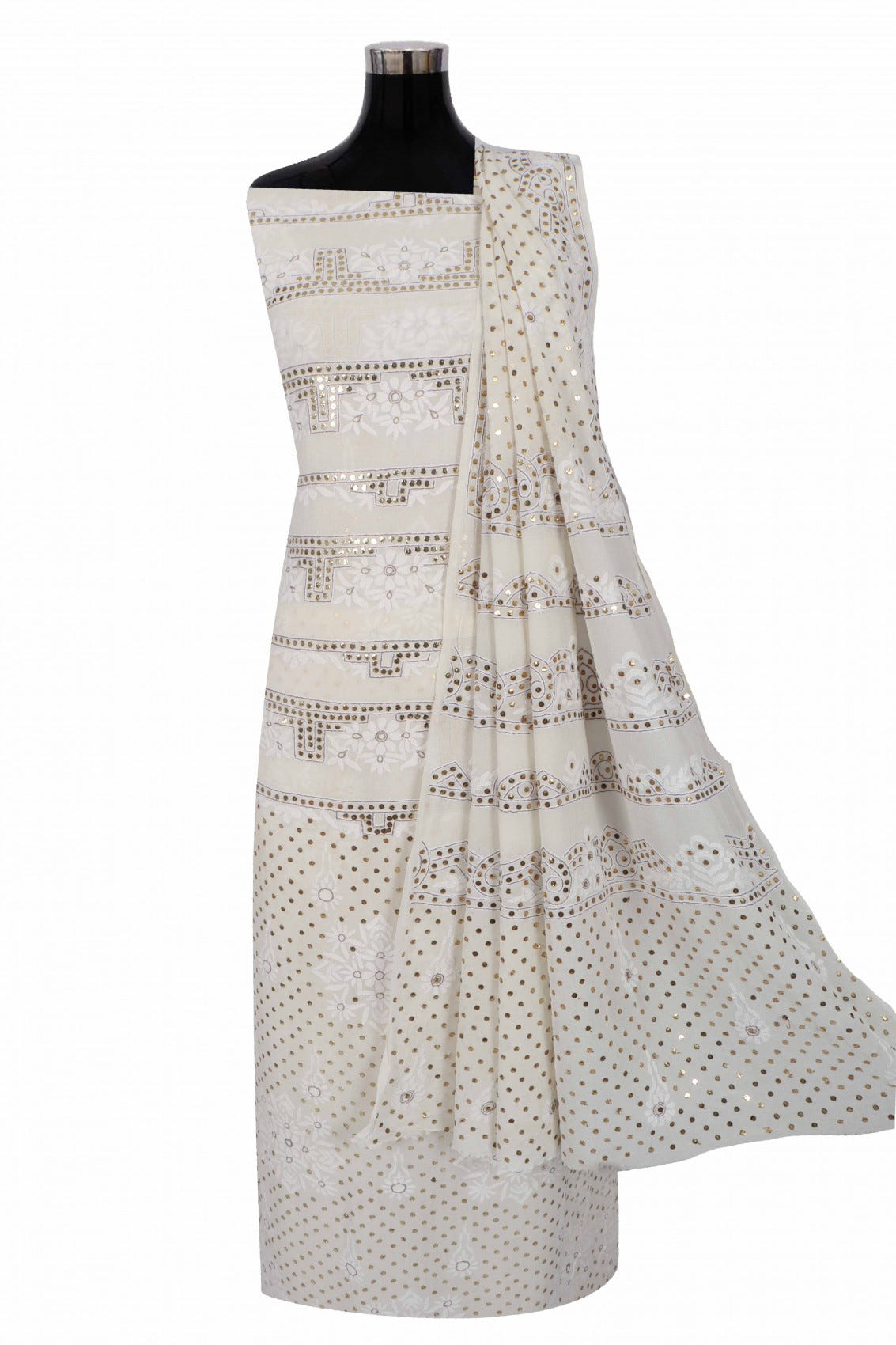 Ada Hand Embroidered Off White Pure Georgette Lucknowi Chikankari Unstitched Kurta Dupatta Set With Muqaish Work A414394