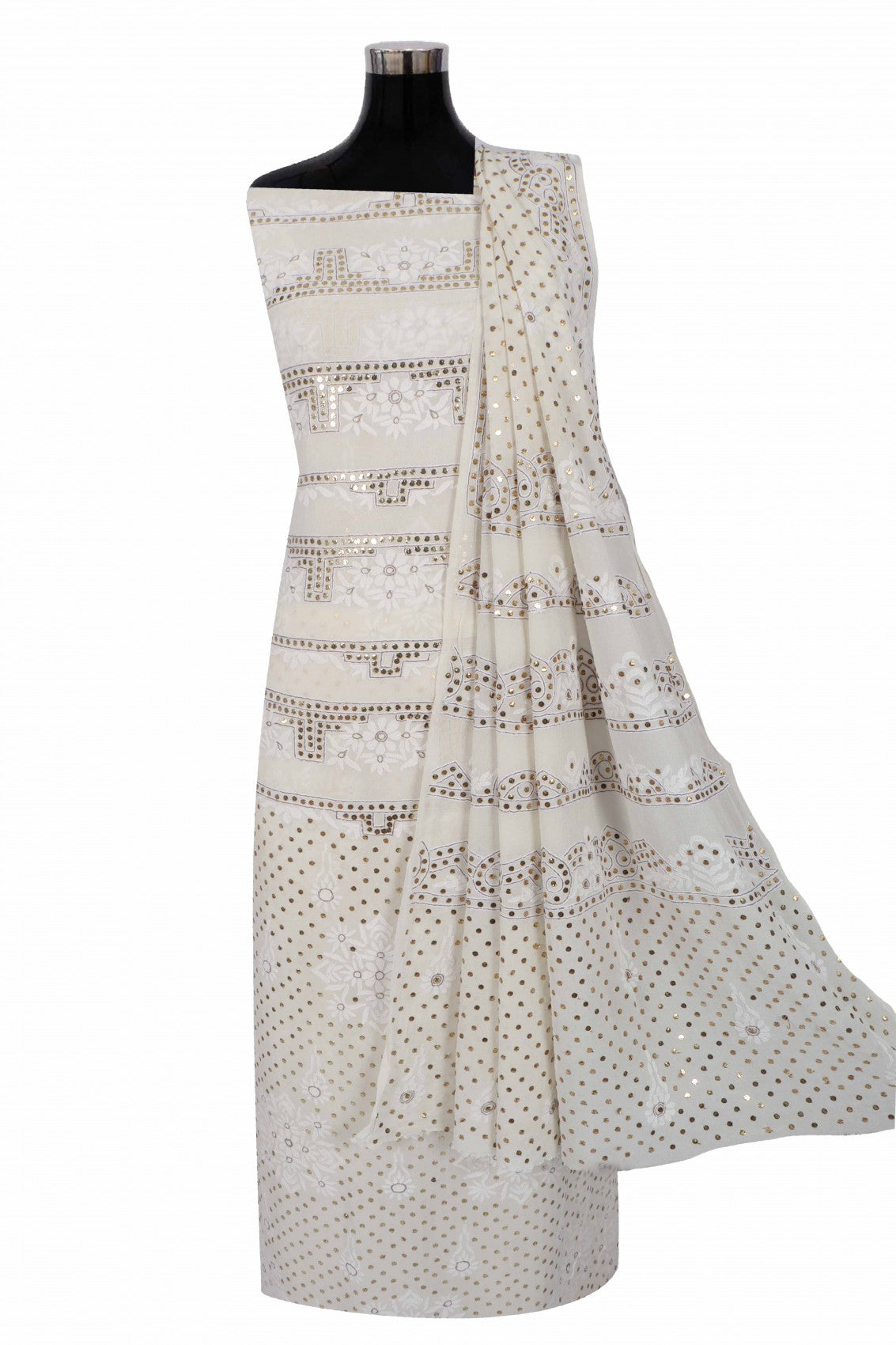 Ada Hand Embroidered Off White Pure Georgette Lucknowi Chikankari Unstitched Kurta Dupatta Set With Muqaish Work A414394
