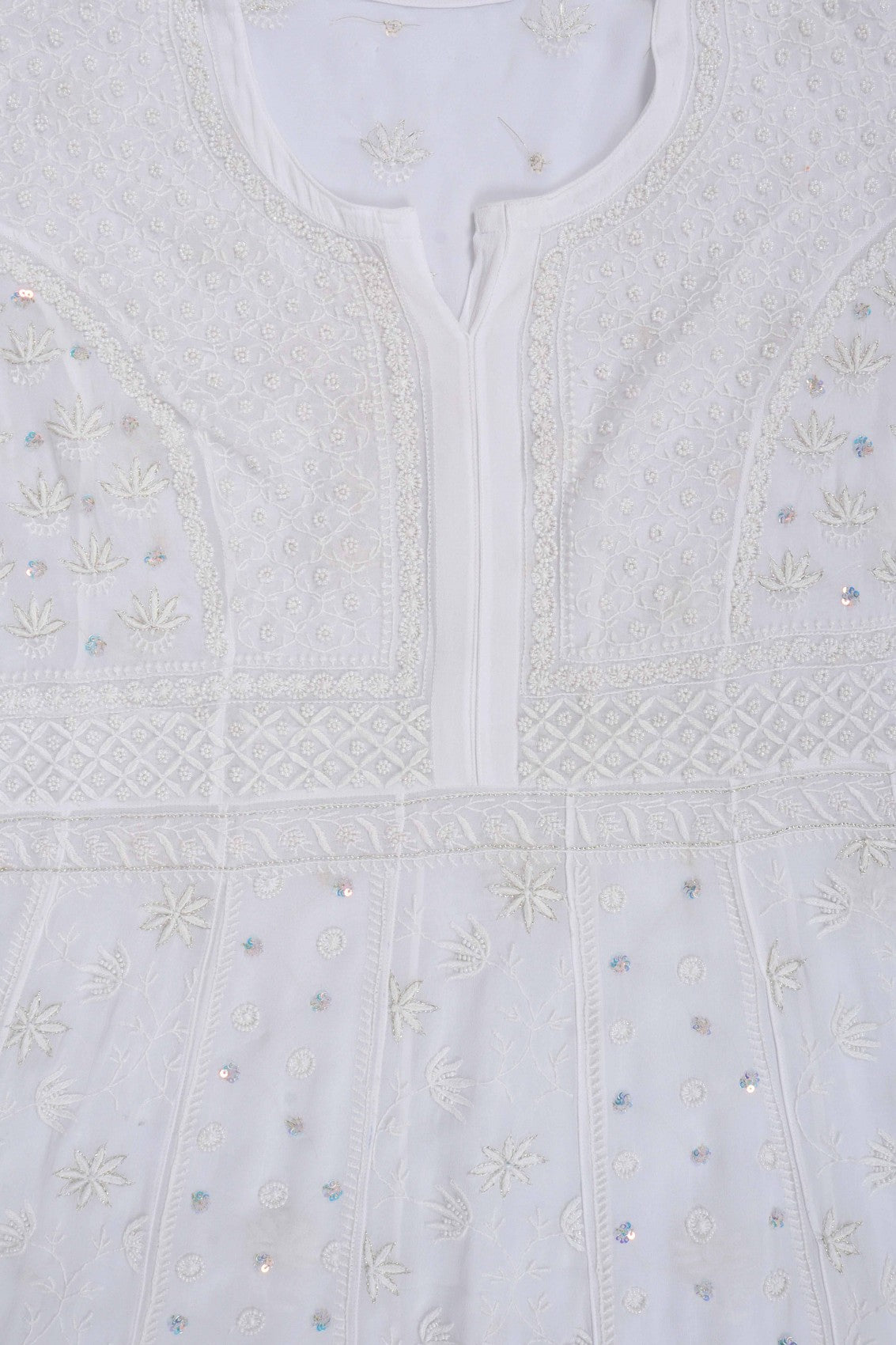 Ada Hand Embroidered White Georgette Lucknowi Chikankari Semi-Stitched Anarkali Kurta Dupatta Set With Pearl Work 01A223203