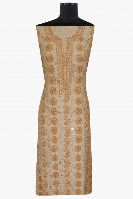 Ada Hand Embroidered Fawn Khadi Lucknowi Chikan Unstitched Suit Piece With Muqaish Work–A609251