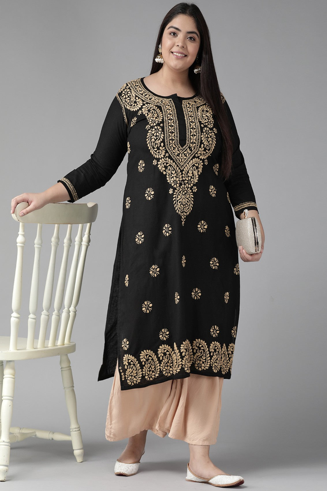 Ada Hand Embroidered Black Cotton Lucknowi Chikankari Straight Kurta A207632