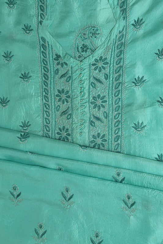 Ada Hand Embroidered Sea Green Crepe Chikan Unstitched Kurta Piece A231307