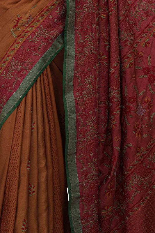 Ada Hand Embroidered Maroon Silk Lucknowi Chikankari Saree With Blouse A523297