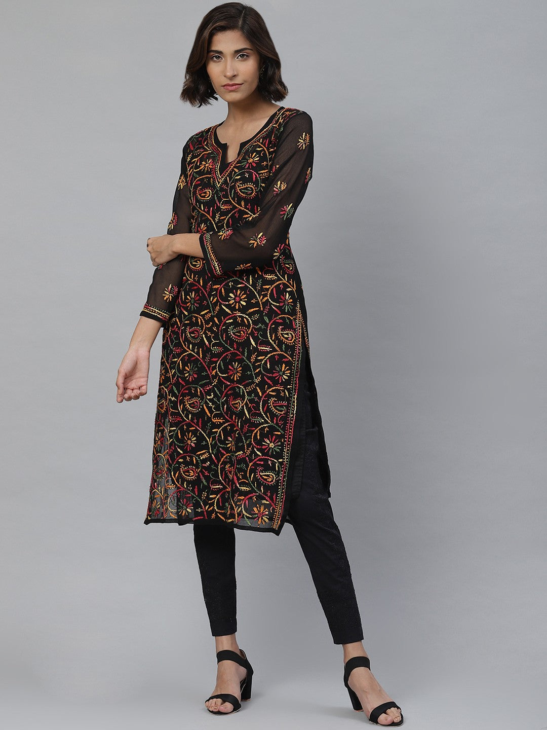 Ada Hand Embroidered Black Georgette Lucknowi Chikankari Kurta Set With Slip A811120