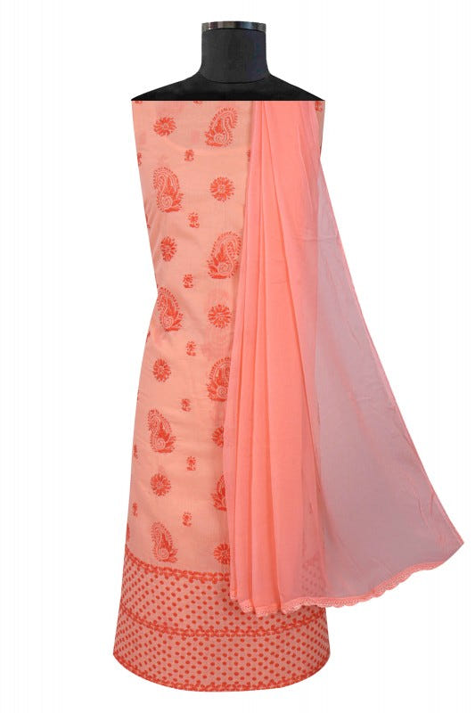 Ada Hand Embroidered Peach Cotton Lucknowi Chikankari Unstitched Suit Piece 01A179344